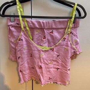 Urban Outfitters Pink Pajama Crop Top & Shorts Set with Lime Trim
